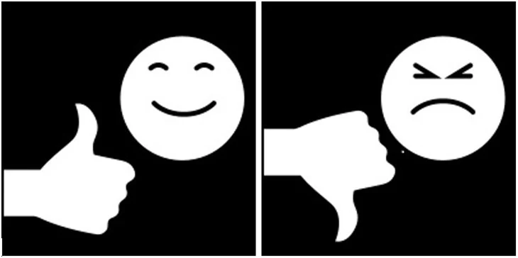pictogram som visar tumme upp och tumme ner med glad respektive arg gubbe.
