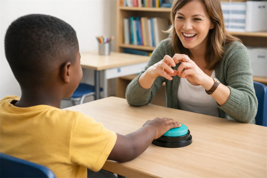 En elev trycker på en styrkontakt. En pedagog sitter mittemot och tecknar till sången som spelas upp när eleven trycker på styrkontakten.