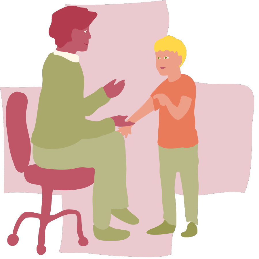 Illustration av ett barn som står framför en vuxen som sitter på en kontorsstol. Barnet sträcker fram ena armen och pekar på den. Bakgrundsfärgen är ljust röd och har formen av ett kors eller plustecken.