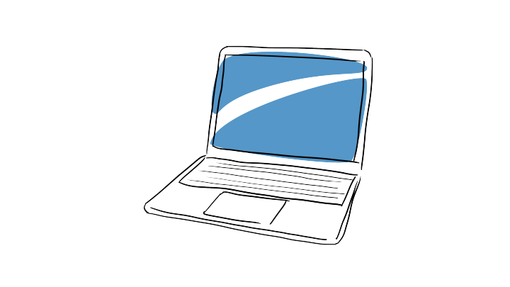 Illustration av en bärbar dator med tre frågetecken på skärmen