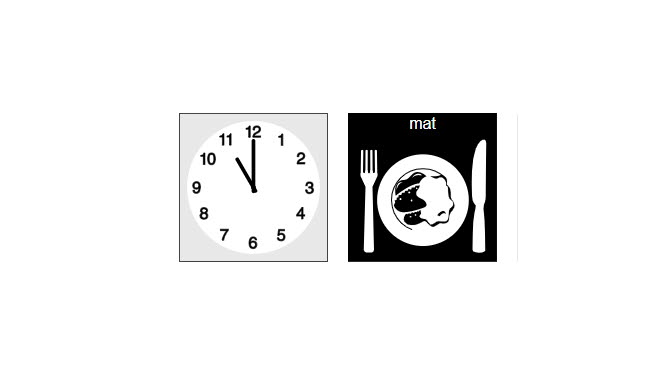 Illustration av en klocka samt en tallrik och bestick. Ovanför tallriken och besticken ser vi ordet "mat".