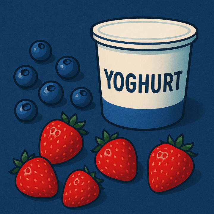 En burk yoghurt med texten ”YOGHURT” bredvid jordgubbar och blåbär.