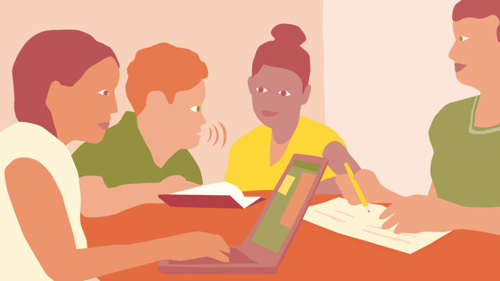 Illustrationen visar fyra elever som sitter i ett klassrum.
