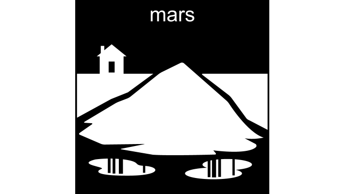 Pictogrambild av mars månad. Vi ser en stor snöhög som håller på att smälta bort. Bakom snöhögen står ett hus. Text "´mars" ovanför snöhögen och huset.