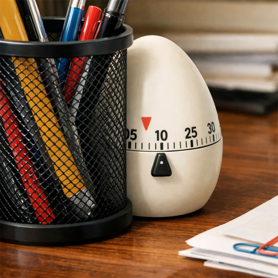 Bild på en äggklocka bakom ett pennställ