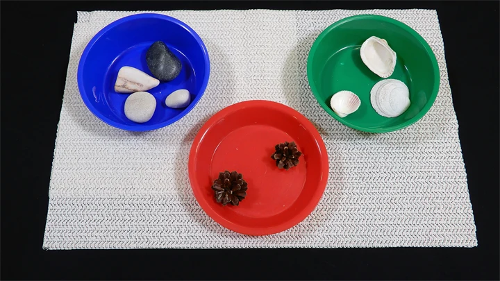 De olikfärgade plastskålarna innehåller stenar, kottar och snäckor.