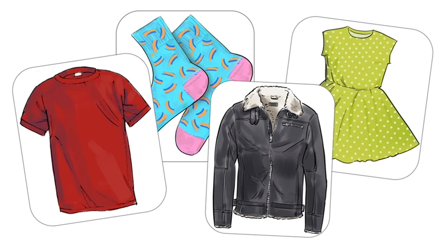 Pictogram: Kläder och engelska.