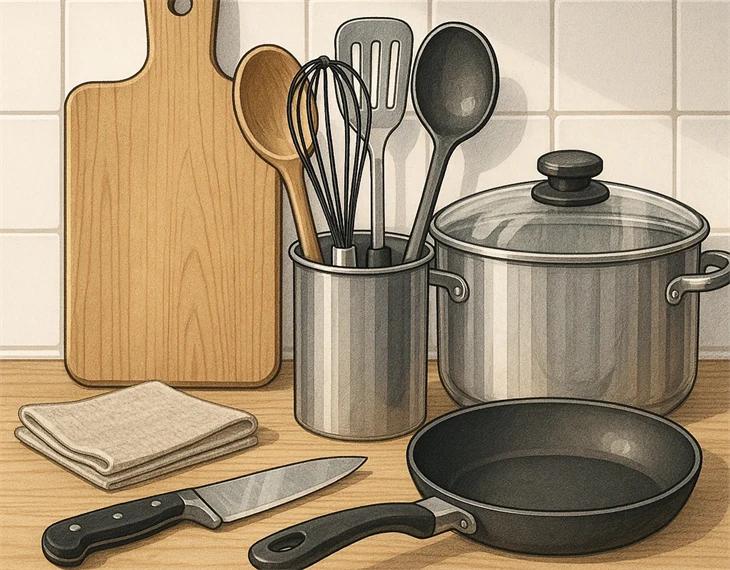 Olika köksredskap på en bänk, bland annat skärbräda, kastrull, stekpanna och kniv.