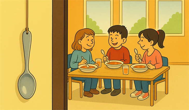 En stor sked hänger i förgrunden och i bakgrunden sitter tre barn vid ett bord och äter soppa