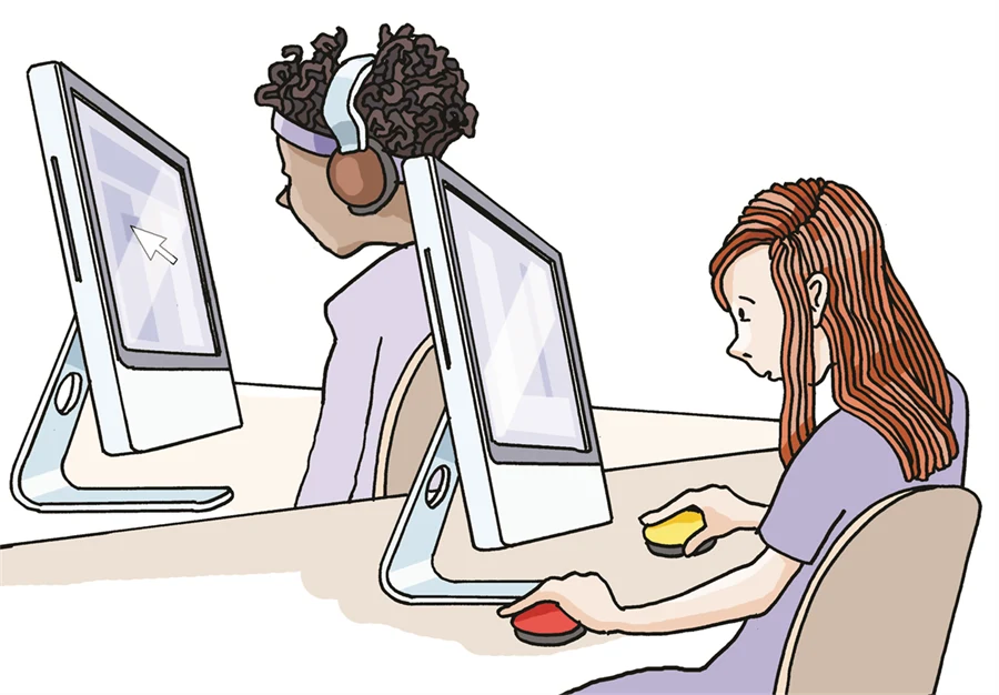 Illustrationen visar en flicka som sitter framför en datorskärm och styr den med två puckar i händerna, en puck är röd och en puck är gul.