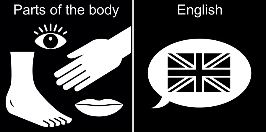 Pictogram: Kroppsdelar och engelska.
