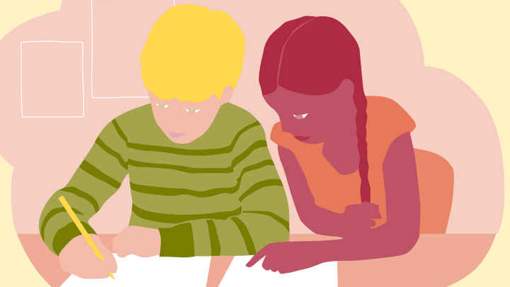 Illustration av två elever som tillsammans skriver på ett papper. Pojke med blont hår till vänster och flicka med rött hår och fläta till höger.