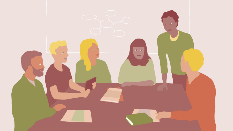 Illustration av en grupp människor som sitter i möte runt ett bord. En står upp och talar till de andra.