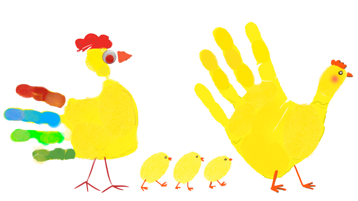 Tupp, höna och tre kycklingar går på rad. Tuppen och hönan är formade med hjälp av en hand.