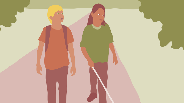 Illustration av två elever som går tillsammans. En av dem går med en blindkäpp.