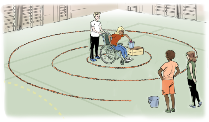 En elev i rullstol i mitten av en virvellabyrint.