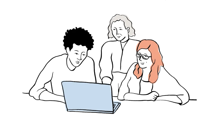 Tre personer tittar på en dator